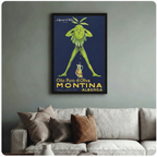 Vintage Montina Albenca olive oil art print in black frame above sofa – Italian retro food advertisement poster – art deco kitchen and living room wall decor