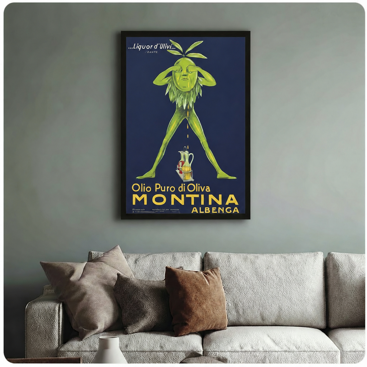 Vintage Montina Albenca olive oil art print in black frame above sofa – Italian retro food advertisement poster – art deco kitchen and living room wall decor