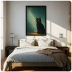 Black framed moody oil painting black cat with whiskey and cigarette canvas art with a fluffy shaggy black cat with piercing glowing amber orange eyes sitting upright with a lit cigarette dangling from its mouth and a glass of golden whiskey beside it with a delicate smoke wisp curling upward against a deep atmospheric teal green oil-painted background, hung above a dark wood bed with white linen bedding in a sunlit bedroom