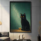 Black framed moody oil painting black cat with whiskey and cigarette canvas art with a fluffy shaggy black cat with intense glowing amber orange eyes sitting upright with a lit cigarette dangling from its mouth and a glass of golden whiskey on the table beside it with a wispy smoke curl rising against a deep teal green atmospheric oil-painted background, hung on a gray panel wall above a dark gray sofa