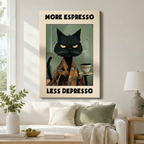 Gallery wrapped canvas print of a moody black cat holding espresso, displayed above a white linen sofa in a cozy modern living room