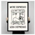 Person holding a large black framed More Espresso Less Depresso cat and coffee machine canvas art print showing print size scale and crisp black line illustration detail on cream background