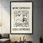 Framed More Espresso Less Depresso funny cat canvas wall art with bold black line illustration on cream background displayed on a dark grey wall in a modern living room