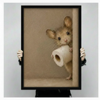 Hands holding a large black framed canvas art print of an adorable brown mouse clutching a toilet paper roll while peeking around a corner, humorous animal wall decor in warm beige oil painting style against a light gray backdrop