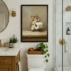 Black framed mouse with toilet paper wall art hung above a toilet in a luxury bathroom with gold fixtures and marble countertop