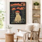 Whimsical white cat with orange mushroom cap ukiyo-e style framed wall art print beside linen armchair in cozy nature-inspired reading nook