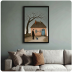 Framed melancholic narrative oil painting old man in black coat standing before pink cottage gazing at blue-grey cat canvas print above cream sofa on sage teal wall - moody bare tree with crows rustic fence and muted teal sky oil painting wall art for stylish living room decor