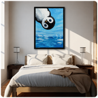 Black framed penguin oil painting wall art hung above wooden bed in bright bedroom, playful Antarctic penguin canvas print home decor