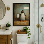 Humorous penguin with toilet paper and Need More quote in vintage oil painting, black framed funny bathroom art print above toilet in marble and gold luxury bathroom