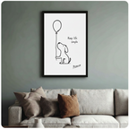 Picasso line drawing dog and balloon framed print above cream sofa on sage green wall – simple dog quote wall art