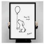 Hand-held black framed Picasso line art dog holding balloon – "Keep life simple" minimalist art print size preview