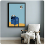 Framed pigeon carrying letter wall art print on blue-grey wall beside linen armchair, funny bird and mailbox illustration for living room or office decor