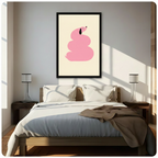 Framed whimsical canvas of a minimalist pink dachshund curled in a spiral with a black ear on a cream background, displayed above a wooden bed in a sunlit Scandinavian bedroom
