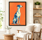 Black framed pop art blue and white greyhound sitting portrait wall art on vibrant orange background beside a white linen armchair with a taupe throw blanket, a round wood side table with a book, and open shelving with potted plants