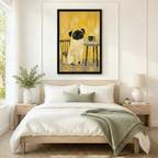 Whimsical pug dog with coffee cup framed canvas art above a neutral linen bed, adding a warm mustard yellow accent to a minimalist Scandinavian bedroom