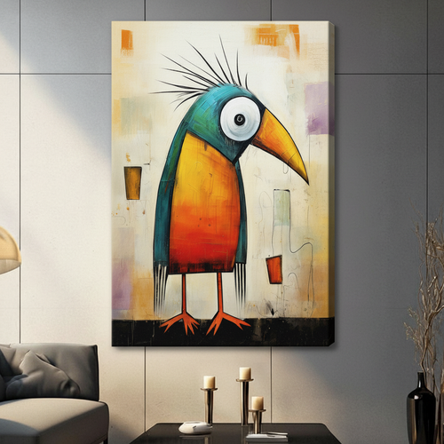 Quirky toucan colourful canvas wrap print on grey wall, frameless bold pop art bird wall decor for modern home