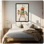 Black framed charming bunny balancing carrot brim hat with two birds cactus and tomato watercolor canvas wall art hung above a dark wood bed with white and beige linen bedding in a sunlit minimalist bedroom