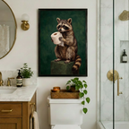Large framed raccoon toilet paper painting hung above a toilet in a bright bathroom with gold hardware, round mirror, marble vanity and glass shower enclosure