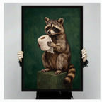 Person holding a large vertical framed canvas print of a raccoon clutching a toilet paper roll against a plain light gray background