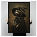 Close-up product shot of a framed raccoon witch oil painting print being held by hands, showcasing dark vintage aesthetic with rose-adorned wide-brim hat and botanical bouquet
