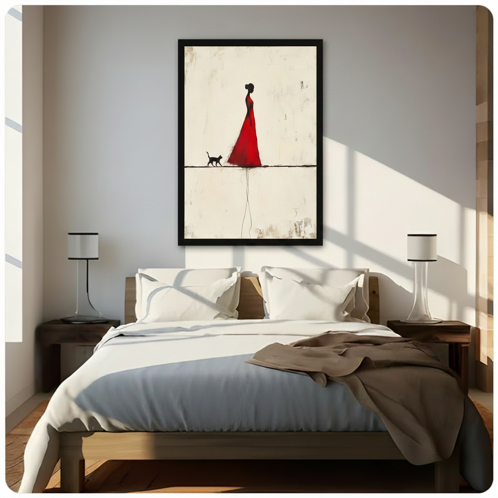 Red dress woman silhouette with black cat framed canvas displayed above bed in sunlit bedroom - romantic minimalist wall art for master bedroom decor