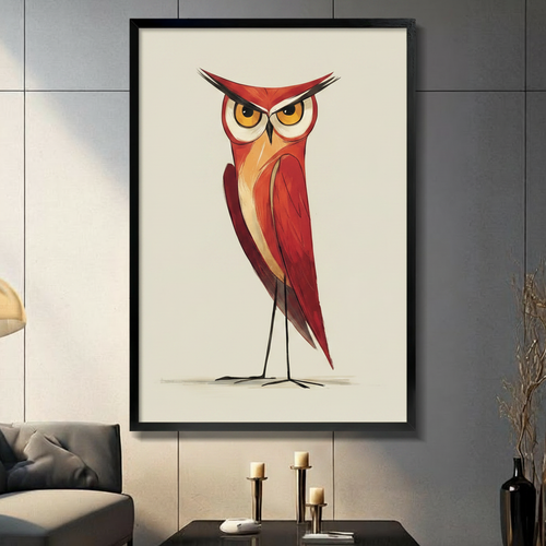 Grumpy red owl wall art print in black frame displayed in modern living room above console table