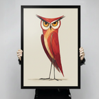 Close-up of red owl illustration art print held by hands showing fine detail on cream background