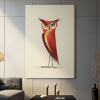 Gallery wrapped red owl canvas art with cream background hung on gray wall in contemporary living space
