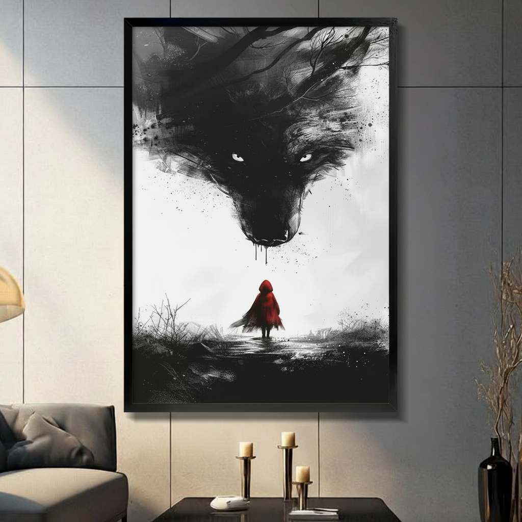 Framed dark fantasy ink art print of Little Red Riding Hood facing a giant black wolf, displayed in a moody modern living room with candlestick decor