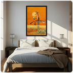 Framed wall art print of a relaxed fox enjoying wine at golden sunset with fish below hung above bed in bright airy bedroom