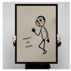 Two hands in black jacket sleeves holding a large black framed Respect the Cheeks funny minimalist figure canvas art print with black line drawing and handwritten quote on beige background, front-facing vertical size display