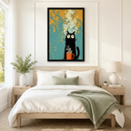 Black framed whimsical retro grunge black cat coffee canvas art with a bug-eyed fluffy black cartoon cat sitting and hugging a bold orange coffee mug with a dramatic swirling cream steam cloud rising to the top of the canvas on a distressed teal and golden orange mottled background, hung above a light wood bed frame in a serene Scandinavian bedroom with crisp white linen bedding, a sage green throw blanket, white nightstands, a white ceramic table lamp, and a white vase of greenery