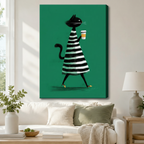 Stretched canvas retro chic black cat with coffee wall art featuring a tall slender black cat in a wide black and white horizontal striped dress walking gracefully with a takeaway coffee cup and a curled tail on a bold emerald green background, hung above a white sofa in a bright living room