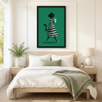 Black framed retro chic black cat with coffee canvas art with a tall slender black cat in a bold black and white horizontal striped dress walking confidently with a coffee cup and a curled tail on a vibrant emerald green background, hung above a light wood bed with white linen bedding and a sage green throw in a serene Scandinavian bedroom
