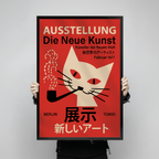 Person holding retro cat poster framed canvas print with both hands — bold red vintage exhibition wall art gift idea for cat lovers and design enthusiasts
