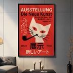 Retro cat poster framed canvas wall art in black frame on gray tile wall — vintage exhibition style with bold red background and geometric white cat smoking pipe above sofa