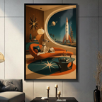 Black framed mid-century modern retro space age canvas art print featuring a greyhound lounging on a burnt-orange chaise lounge with starburst clock, Saturn, and vintage rocket visible through a porthole window, displayed in a modern living room above a console table with candle holders