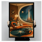 Person holding a large black framed mid-century modern art print depicting a greyhound on an orange chaise lounge in a 1960s space age living room with starburst clock, kidney coffee table, orrery, and retro rocket launch through a porthole window