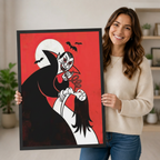 Smiling woman holding a large framed retro cartoon vampire wall art print with bold red background and full moon showing artwork size and vivid color detail