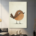 Whimsical round robin bird canvas wall art displayed in contemporary living room with neutral decor