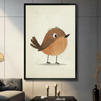 Cute robin bird illustration art print in black frame displayed in modern dark interior living room