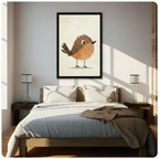 Charming robin bird framed wall art print above bed in bright Scandinavian-style bedroom with natural light