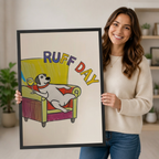 Ruff Day funny cartoon dog wall art in black frame held up by smiling woman against a warm beige background, showing framed print size