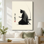 Gallery wrapped canvas of Japanese ink wash samurai cat with katana and calligraphy displayed above white sofa in bright Japandi living room