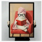 Sassy cat canvas wall art wrap — white cat with towel on head and glasses reading in red armchair, funny home decor