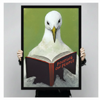 Two hands in black jacket sleeves holding a large black framed funny seagull reading Pooping on People hardcover book canvas art print with vivid green background, front-facing vertical product size display