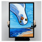 Hand-held framed seagull diving close-up canvas print, bold oil painting style with blue sky and sandy beach