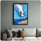Framed seagull close-up wall art above linen sofa on sage green wall, funny coastal bird painting home decor