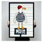 Two hands in black jacket sleeves holding a large black framed coastal seagull in red beanie navy striped sailor shirt standing on a MOIN sign nautical humor illustration canvas art print on light blue stripe background, front-facing vertical product size display