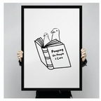 Hand-held close-up of funny seagull Pooping On People and Cars black framed art print, detailed view of minimalist bird line drawing with bold text, humorous animal wall decor